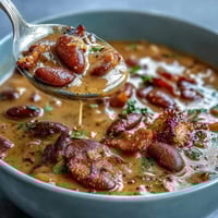 Hearty bowl of ham and red bean soup, rich with smoky ham, tender beans, and Creole spices, served with fluffy white rice.