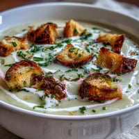 Creamy Leek and Potato Soup with golden sourdough croutons, served in a rustic bowl with fresh chives.  