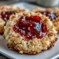 Buttery strawberry thumbprint cookies with vibrant jam centers, perfect for summer picnics and dessert tables.