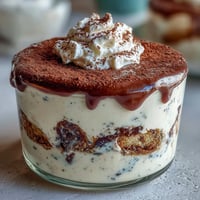 Vanilla Bean Frappuccino Tiramisu Cups with creamy mascarpone and espresso-soaked ladyfingers, topped with cocoa powder and chocolate shavings.