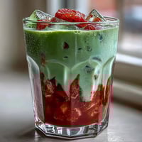 A vibrant glass of dairy-free strawberry matcha latte with oat milk, layered with fresh strawberries and green matcha foam.