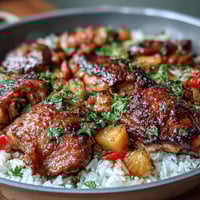 One-pan pineapple chicken and rice bake with tender chicken, juicy pineapple, and vibrant bell peppers in a savory broth.  