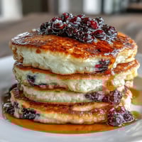 Fluffy cottage cheese protein pancakes stacked high and dotted with juicy blueberries, ready for a wholesome breakfast.