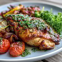 Healthy Easy One-Pan Lemon Chicken and Veggie Bake with juicy chicken breasts, colorful peppers, zucchini, and broccoli in a bright lemon-herb marinade.