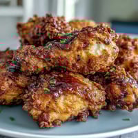 Crispy Southern Fried Chicken with Honey Butter Biscuits sizzling golden brown on a rustic platter, steam rising from juicy meat and flaky biscuits.
