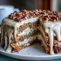 Carrot and Walnut Spring Layer Cake with cream cheese frosting and crunchy walnuts on top.