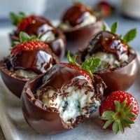 Dubai Chocolate Strawberry Easter Eggs with Crunch Filling, golden and glossy, filled with a crispy hazelnut center for a festive treat.