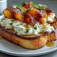 Honey Peach Burrata Toast with golden toasted sourdough, creamy burrata, and juicy peach slices drizzled with honey and olive oil for a vibrant spring brunch.