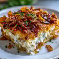 Cheesy hash brown casserole with golden cornflake topping and bubbling cheese sauce