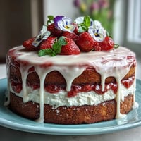 Spring Cake: Floral Drip Cake with Strawberry Frosting - A moist vanilla layer cake topped with fresh strawberry buttercream and a glossy white chocolate drip, decorated with edible flowers for a vibrant springtime dessert.