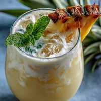 Refreshing pineapple coconut agua fresca in a clear glass with ice and a mint garnish, perfect for a summer party.