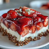 Festive Memorial Day Strawberry Pretzel Salad Dessert layered with creamy cheesecake and bright red strawberries.